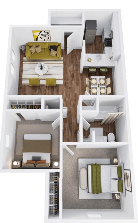 Floor plan for 2 beds, 1 bath, 858 sqft